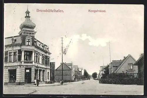 AK Brunsbüttelhafen, Koogstrasse mit Kurzwaren Heuer und Gasthaus E. Hahnkamm