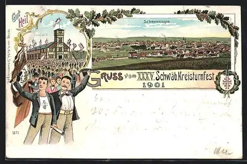 Lithographie Schwenningen / Villingen, Festpostkarte zum Schwäbischen Kreisturnfest 1901