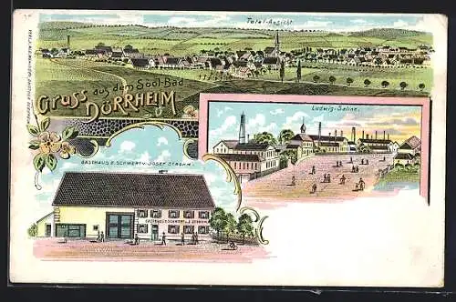 Lithographie Dürrheim, Gasthaus zum Schwert J. Strohm, Ludwig-Saline, Totalansicht