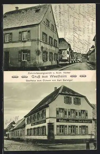 AK Westheim / Pfalz, Gasthaus zum Ochsen K. Batteiger, Kolonialwaren A. Völker mit Strasse