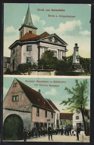 AK Kerzenheim, Geschäftshaus H. Neumayer, Kirche und Kriegerdenkmal