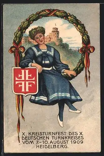 Lithographie Heidelberg, Kreis-Turnfest des X. Deutschen Turnkreises 1909, Turnerin mit Turnerzeichen vor dem Schloss