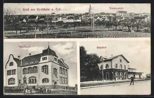 AK Kirchheim a. Eck, Bahnhof von der Gleisseite, Schulhaus, Totalansicht
