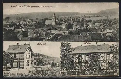 AK Treis /Hessen, Bahnhof, Schule, Ortsansicht