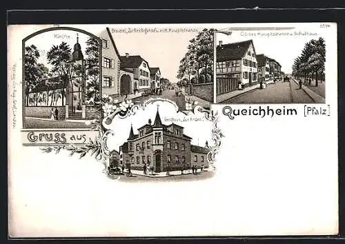 Lithographie Queichheim /Pfalz, Gasthaus Zur Krone, Brauerei Zur Reichsfahne und mittlere Hauptstrasse, Kirche