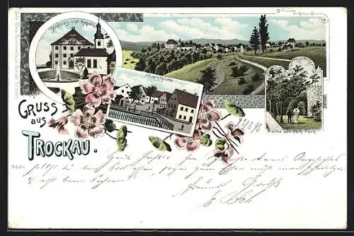 Lithographie Trockau, Schloss und Kapelle, Marktplatz, Partie aus dem Park