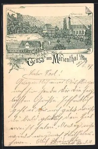 Lithographie Marienthal i. Rhg., Restaurant von Wilhelm Gietz, Wallfahrts-Kirche