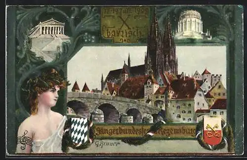 Künstler-AK Regensburg, Sängerbundesfest 1909 - Ortsansicht, Antike Frauenfigur, Wappen