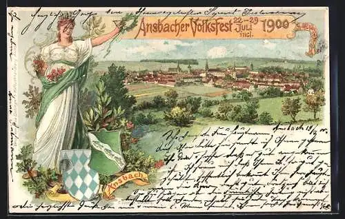 Lithographie Ansbach / Mfr., Ansbacher Volksfest 1900, Ortsansicht, Wappen