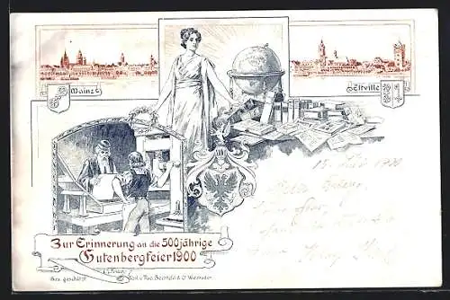 Lithographie Mainz, 500 Jährige Gutenbergfeier 1900, Buchdruck, Festpostkarte
