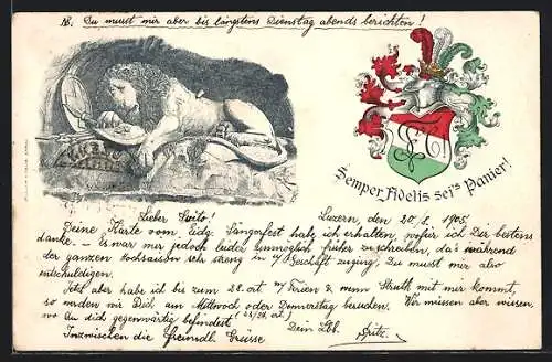 Lithographie Luzern, Studentenwappen Semper Fidelis, Luzerner Löwe
