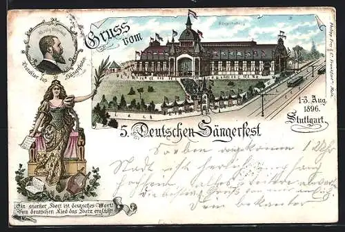 Lithographie Stuttgart, 5. Deutsches Sängerfest 1896, Sängerhalle, König Wilhelm II.
