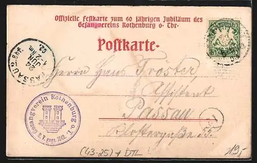 Künstler-AK Rothenburg / Tauber, Festpostkarte 60-jähriges Jubiläum des Gesangvereins, 1842-1902