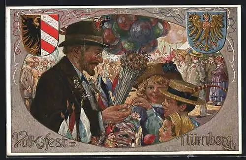 Künstler-AK Nürnberg, Volksfest, Kinder kaufen etwas, Wappen