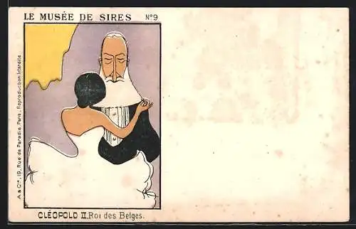 Künstler-AK Karikatur von Cléopold II., König von Belgien tanzend mit einer Dame