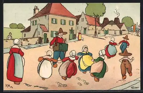 Künstler-AK niederländische Kinder tanzen auf der Strasse mit Mann der einen Leierkasten spielt