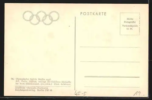 AK Berlin, Olympia 1936, Frl. Valla (Italien) erringt dei Goldene Medaille im 80m Hürdenlauf