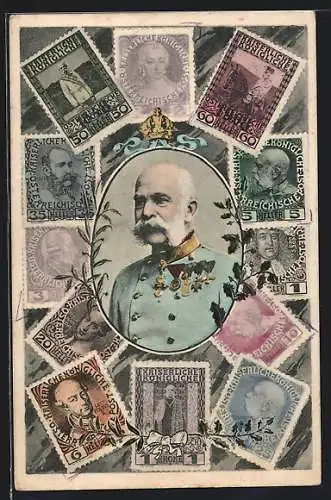AK Kaiser Franz Josef I. und Briefmarken von Österreich