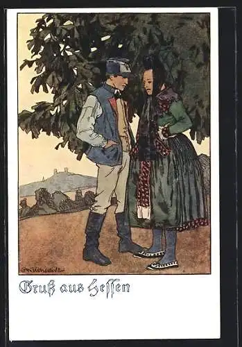 Künstler-AK Otto Ubbelohde: Junges Paar in hessischer Tracht