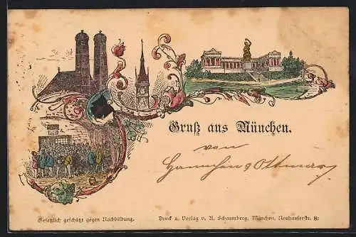 Vorläufer-Lithographie München, 1884, Frauenkirche, Bavaria