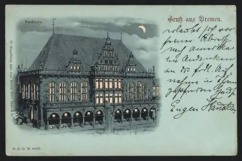 Mondschein-Lithographie Bremen, Rathaus mit leuchtenden Fenstern und Mondschein, Halt gegen das Licht