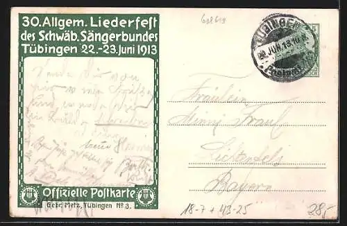 Künstler-AK Tübingen, 30. Allgem. Liederfest des Schwaäb. Sängerbundes 1913, Komponist Silcher, Ganzsache