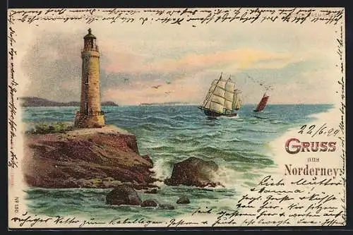 Lithographie Norderney, Leuchtturm am Wasser erhellt Segelschiff den Weg, Halt gegen das Licht