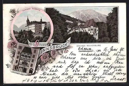 Vorläufer-Lithographie Innsbruck, 1895, das Schloss Ambras, das Schloss Weiherburg