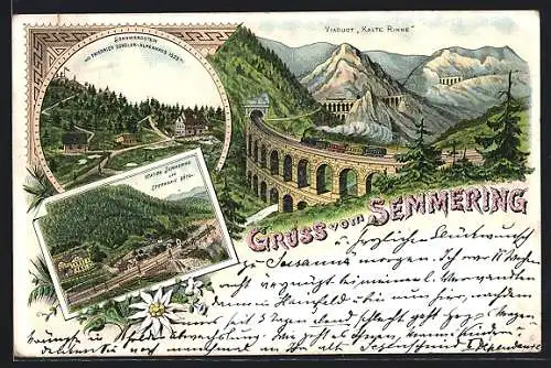Vorläufer-Lithographie Semmering, 1895, Bahnhof und Stephanie Hotel, Viaduct Kalte Rinne