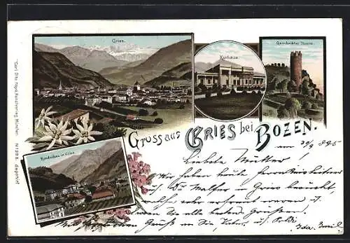 Vorläufer-Lithographie Gries bei Bozen, 1895, Kurhaus, Gescheibter Thurm, Ortsansicht