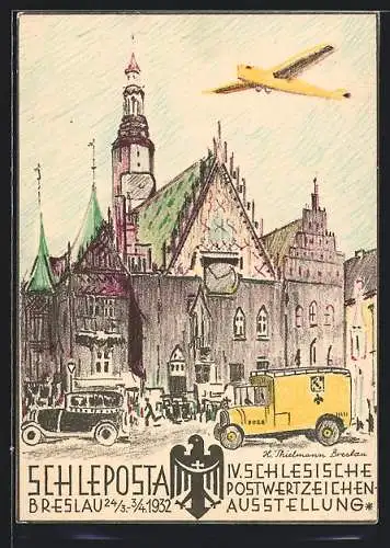 Künstler-AK Ganzsache PP 106 C 11 /02: Breslau, Schleposta 4. Schlesische Postwertzeichenausstellung 1932, Rathaus
