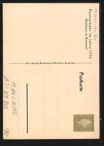 Künstler-AK Ganzsache PP 106 C 11 /02: Breslau, Schleposta 4. Schlesische Postwertzeichenausstellung 1932, Rathaus