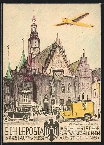 Künstler-AK Ganzsache PP 106 C 11 /02: Breslau, Schleposta 4. Schlesische Postwertzeichenausstellung 1932, Rathaus