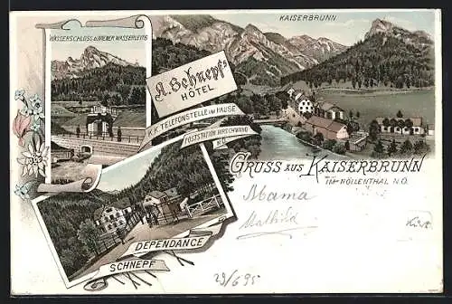 Lithographie Kaiserbrunn im Höllenthal, Hotel A. Schnepf, Wasserschloss, Dependance
