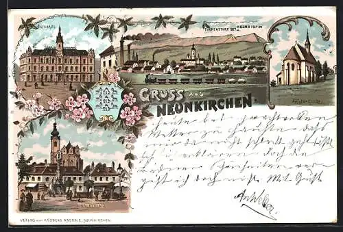 Lithographie Neunkirchen, Türkensturz, Rathaus, Peters-Kirche, Hauptplatz