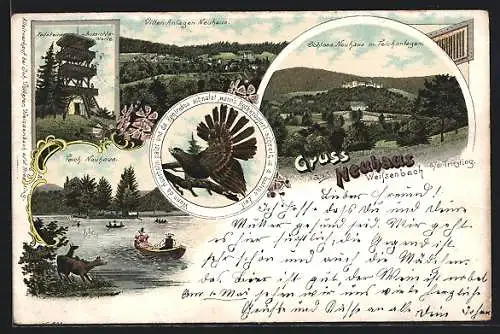 Lithographie Neuhaus im Wienerwald, Schloss m. Teichanlagen, Villen-Anlagen, Aussichtswarte