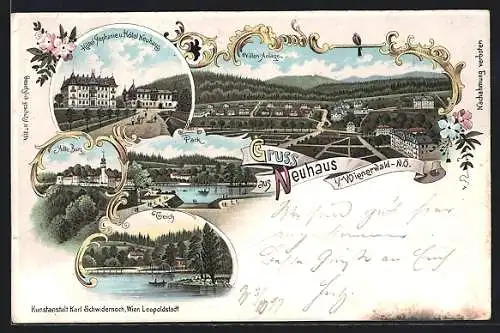 Lithographie Neuhaus im Wienerwald, Hotel Stephanie & Hotel Neuhaus, Park, Teich, Alte Burg