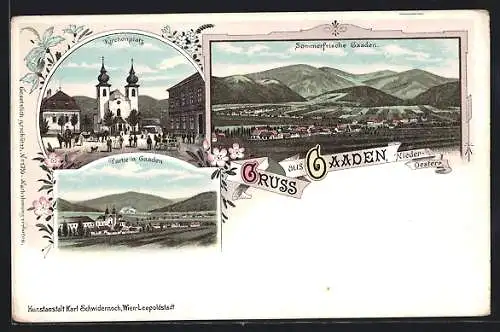 Lithographie Gaaden, Kirchplatz, Ortspartie und Totalansicht