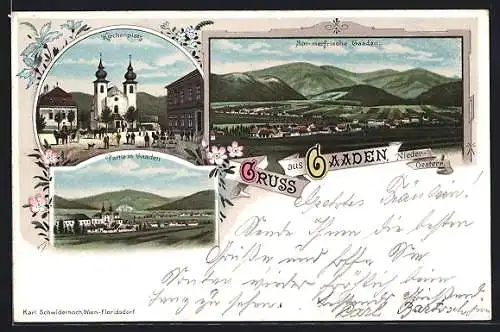 Lithographie Gaaden, Kirchplatz, Ortspartie und Totalansicht