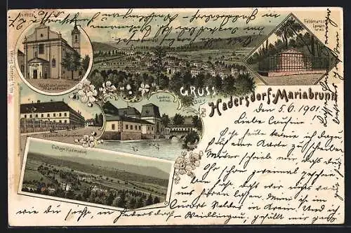 Lithographie Wien, Hadersdorf-Mariabrunn, Wallfahrtskirche, Forstschule, Laudons Schloss