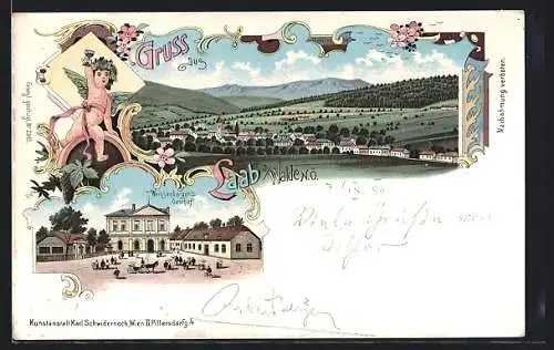 Lithographie Laab a. Walde, Weissenberger`s Gasthof, Panoramablick auf den Ort