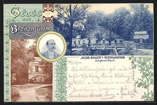 AK Breitenfurt, Restaurant zum grünen Baum mit Portrait von Jacob Bauer