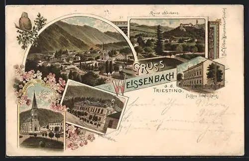 Lithographie Weissenbach a. d. Triesting, Ruine Neuhaus, Faggers Fremdenheim, Triestingheim
