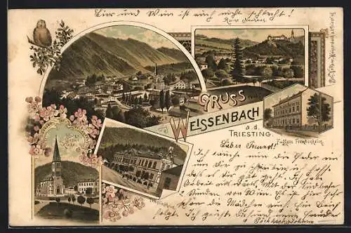 Lithographie Weissenbach /Triesting, Ruine Neuhaus, Fuggers Fremdenheim, Herz Jesu-Kirche, Triestingheim