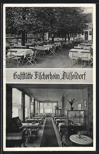 AK Düsseldorf, Die Gaststätte Fischerheim, Innenansicht und Aussenbereich, Alte-Garde-Ufer 85