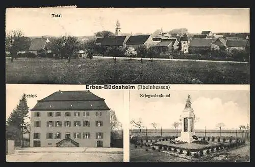 AK Erbes-Büdesheim /Rheinhessen, Gesamtansicht, das Schloss, Kriegerdenkmal