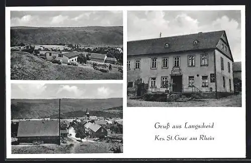 AK Langscheid / Oberwesel, Ortsansicht mit der Kirche, Gasthaus N. Schmitt
