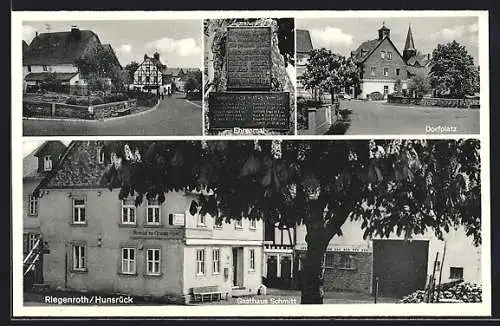 AK Riegenroth /Hunsrück, Gasthaus Schmitt, Ehrenmal, Dorfplatz