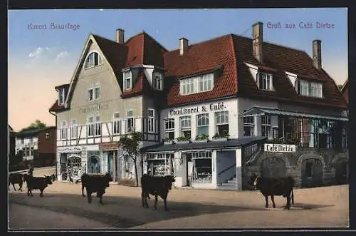 AK Braunlage, Rinder auf der Strasse vor dem Café Dietze