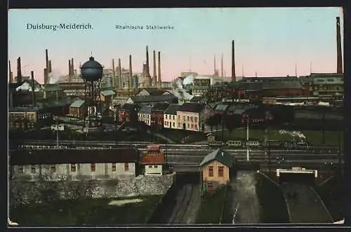 Goldfenster-AK Duisburg-Meiderich, Blick auf die Rheinischen Stahlwerke